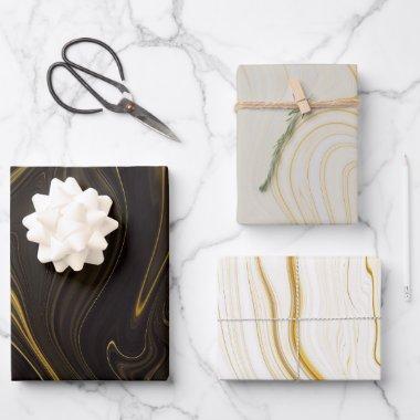 Black White Gold Marble Agate Glitter Wrapping Paper Sheets