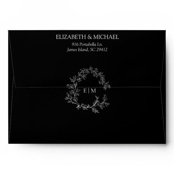 Black White Green Leafy Crest Monogram Wedding Envelope