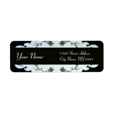 BLACK WHITE GREEN ORIENTAL TULIPS DAMASK LABEL