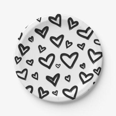 Black & White Hand-Drawn Painted Doodle Hearts Paper Plates