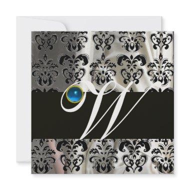 BLACK WHITE ICE SILK DAMASK MONOGRAM BLUE SAPPHIRE Invitations