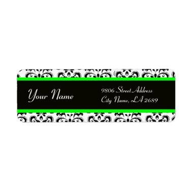 BLACK WHITE LIGHT GREEN DAMASK LABEL