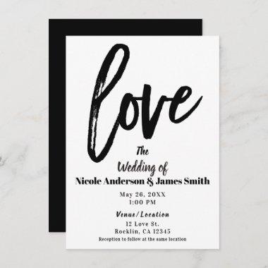 Black & White LOVE Modern Brush Script Wedding Invitations