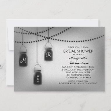 black & white mason jars lights bridal shower Invitations