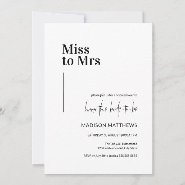 Black & White Minimal Miss to Mrs Bridal Shower Invitations