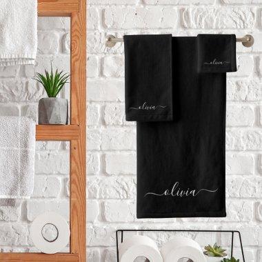 Black White Modern Minimalist Elegant Monogram Bath Towel Set