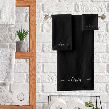 Black White Modern Script Girly Monogram Name Bath Towel Set
