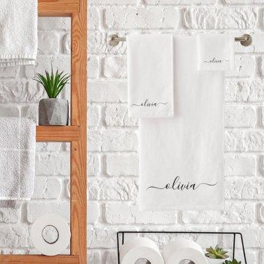 Black White Modern Script Girly Monogram Name Bath Towel Set