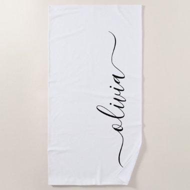 Black White Modern Script Girly Monogram Name Beach Towel