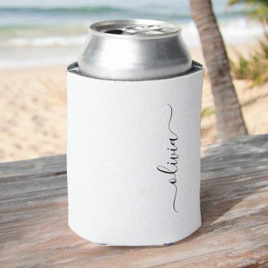 Black White Modern Script Girly Monogram Name Can Cooler
