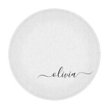Black White Modern Script Girly Monogram Name Cutting Board