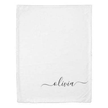 Black White Modern Script Girly Monogram Name Duvet Cover