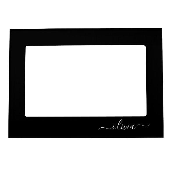 Black White Modern Script Girly Monogram Name Magnetic Frame