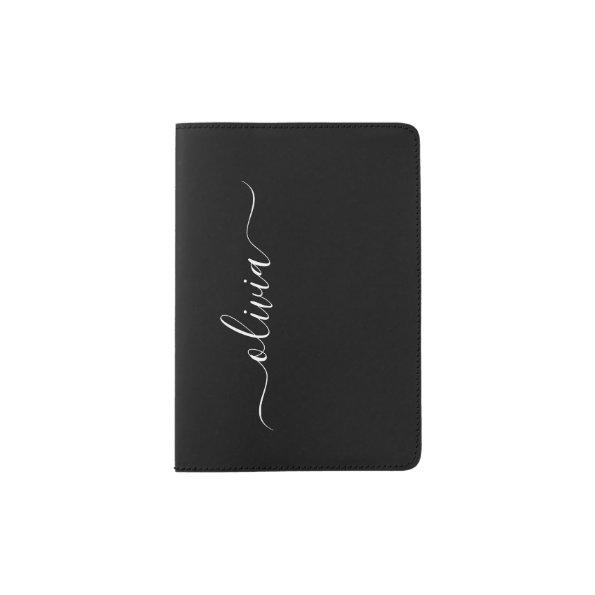 Black White Modern Script Girly Monogram Name Passport Holder