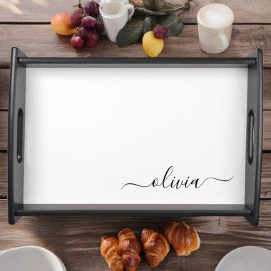 Black White Modern Script Girly Monogram Name Serving Tray
