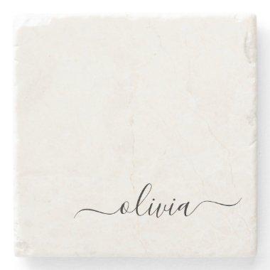 Black White Modern Script Girly Monogram Name Stone Coaster