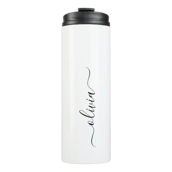 Black White Modern Script Girly Monogram Name Thermal Tumbler