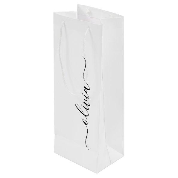 Black White Modern Script Girly Monogram Name Wine Gift Bag