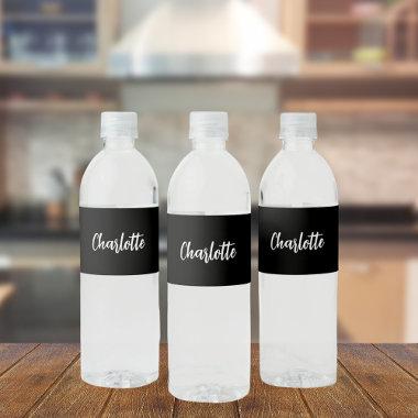 Black white name script elegant modern water bottle label