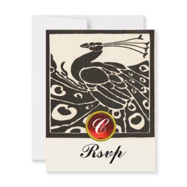 BLACK WHITE PEACOCK,RED RUBY GEM MONOGRAM Rsvp Invitations