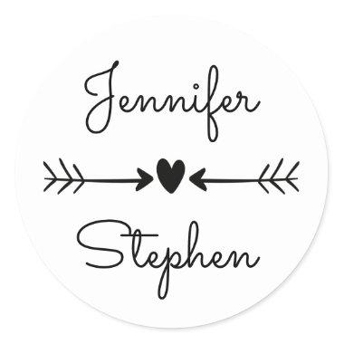 Black & White Personalized Wedding Hearts & Arrows Classic Round Sticker