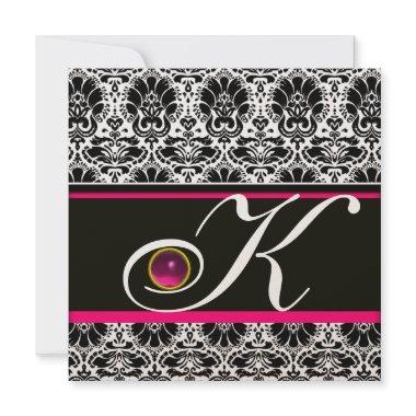 BLACK WHITE PINK DAMASK MONOGRAM Amethyst Metallic Invitations