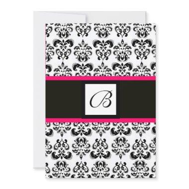 BLACK WHITE PINK DAMASK SQUARE MONOGRAM Invitations