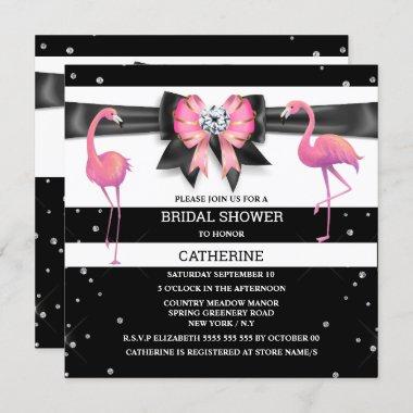 Black white pink stripe glitter bow flamingo chic Invitations