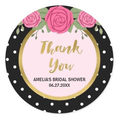 Black White Polka Dot Rose Thank You Bridal Shower Classic Round Sticker