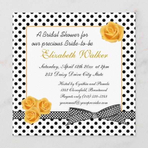 Black white polka dot yellow rose Bridal Shower Invitations