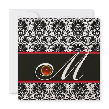 BLACK WHITE RED CHAMPAGNE DAMASK MONOGRAM Ruby Invitations