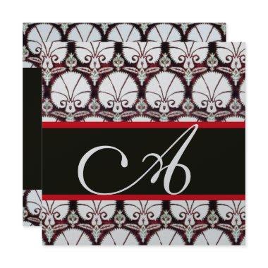 BLACK WHITE RED DAMASK CARNATIONS MONOGRAM Silver Invitations