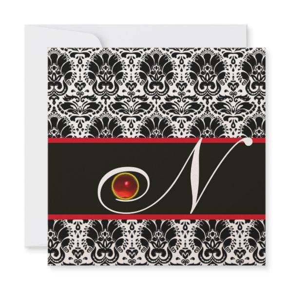 BLACK WHITE RED GOLD DAMASK MONOGRAM Ruby Invitations