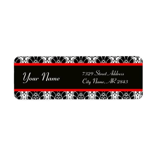 BLACK WHITE RED ORIENTAL FLOWERS DAMASK LABEL