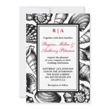 Black White Red Seashells Beach Wedding