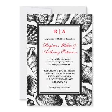 Black White Red Seashells Beach Wedding Invitations