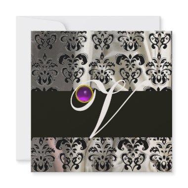 BLACK WHITE SILK DAMASK MONOGRAM PURPLE AMETHYST Invitations