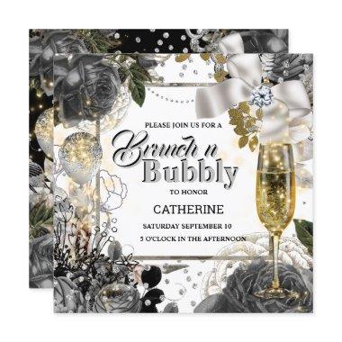 Black white silver rose shabby chic bubbly glitter Invitations