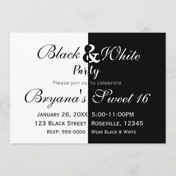 Black & White Split Half Birthday Party Elegant Invitations