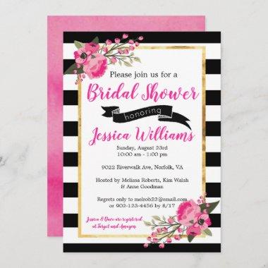 Black White Stripe Floral Bridal Shower Invitations