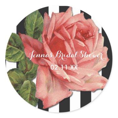 Black White Stripe & Pink Rose Wedding Favor Classic Round Sticker