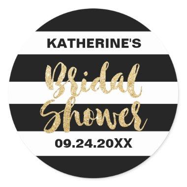 Black White Stripes and Gold Bridal Shower Favor Classic Round Sticker