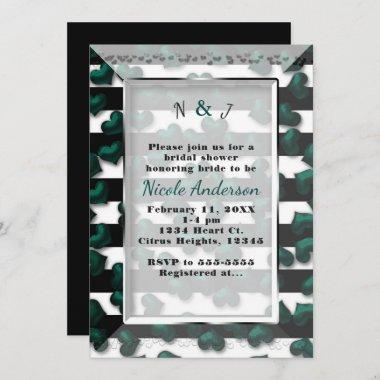 Black White Stripes & Emerald Hearts Bridal Shower Invitations