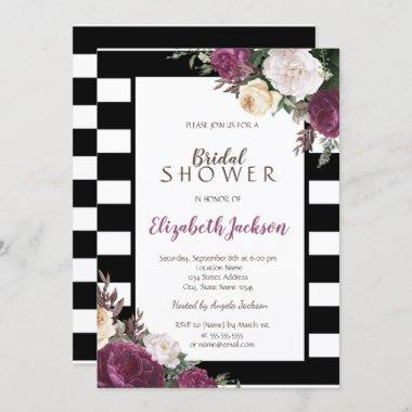 Black White Stripes Floral Bridal Shower Invitations