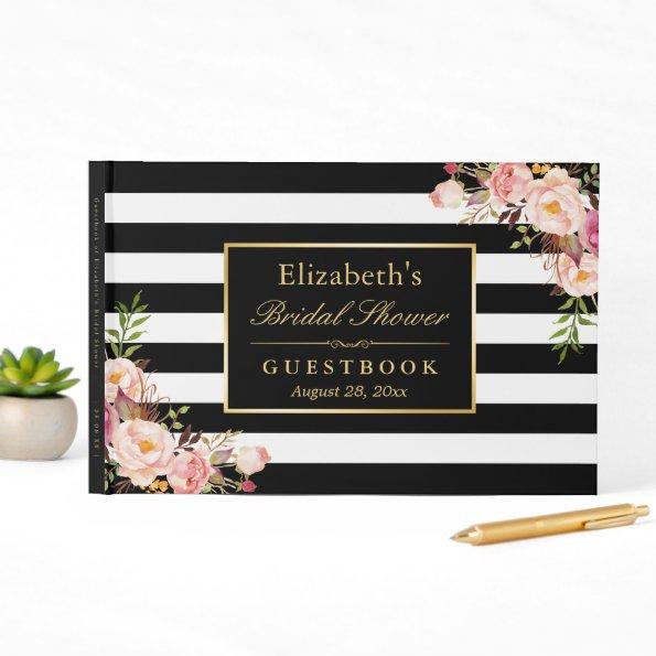 Black White Stripes Floral Wedding Bridal Shower Guest Book