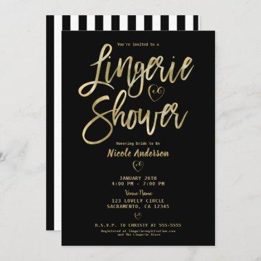 Black White Stripes Glam Gold Lingerie Shower Invitations