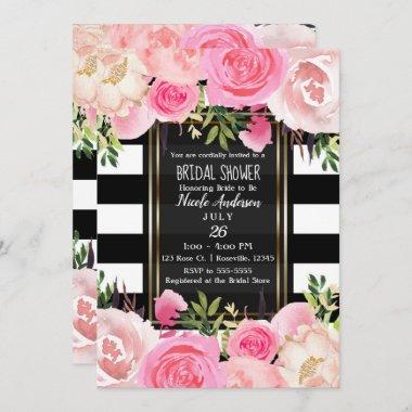 Black White Stripes Gold Pink Floral Bridal Shower Invitations