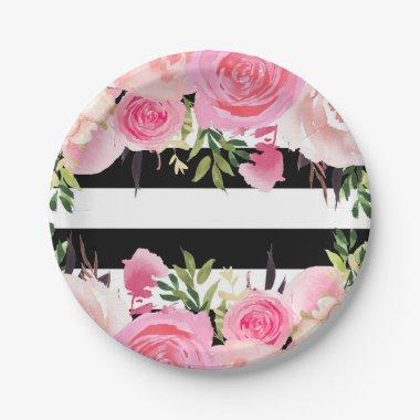 Black White Stripes Pink Floral  Paper Plates