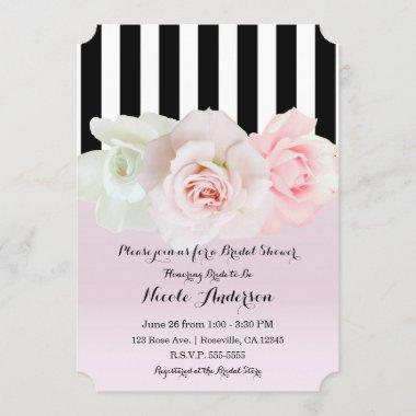 Black & White Stripes Pink Roses Bridal Shower Invitations