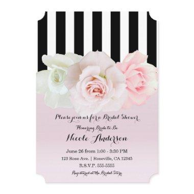 Black & White Stripes Pink Roses Bridal Shower Invitations